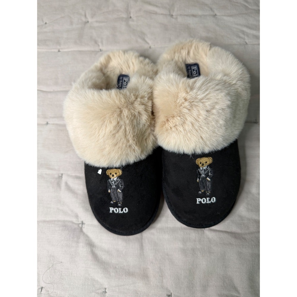 Polo Ralph Lauren Womens Polo Bear Tuxedo Faux Fur Scuff Slippers Black Size 8